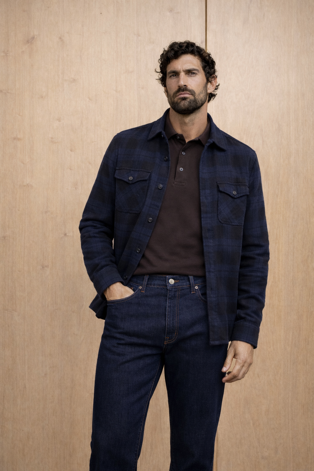 Giacca overshirt in cotone quadro scozzese blu