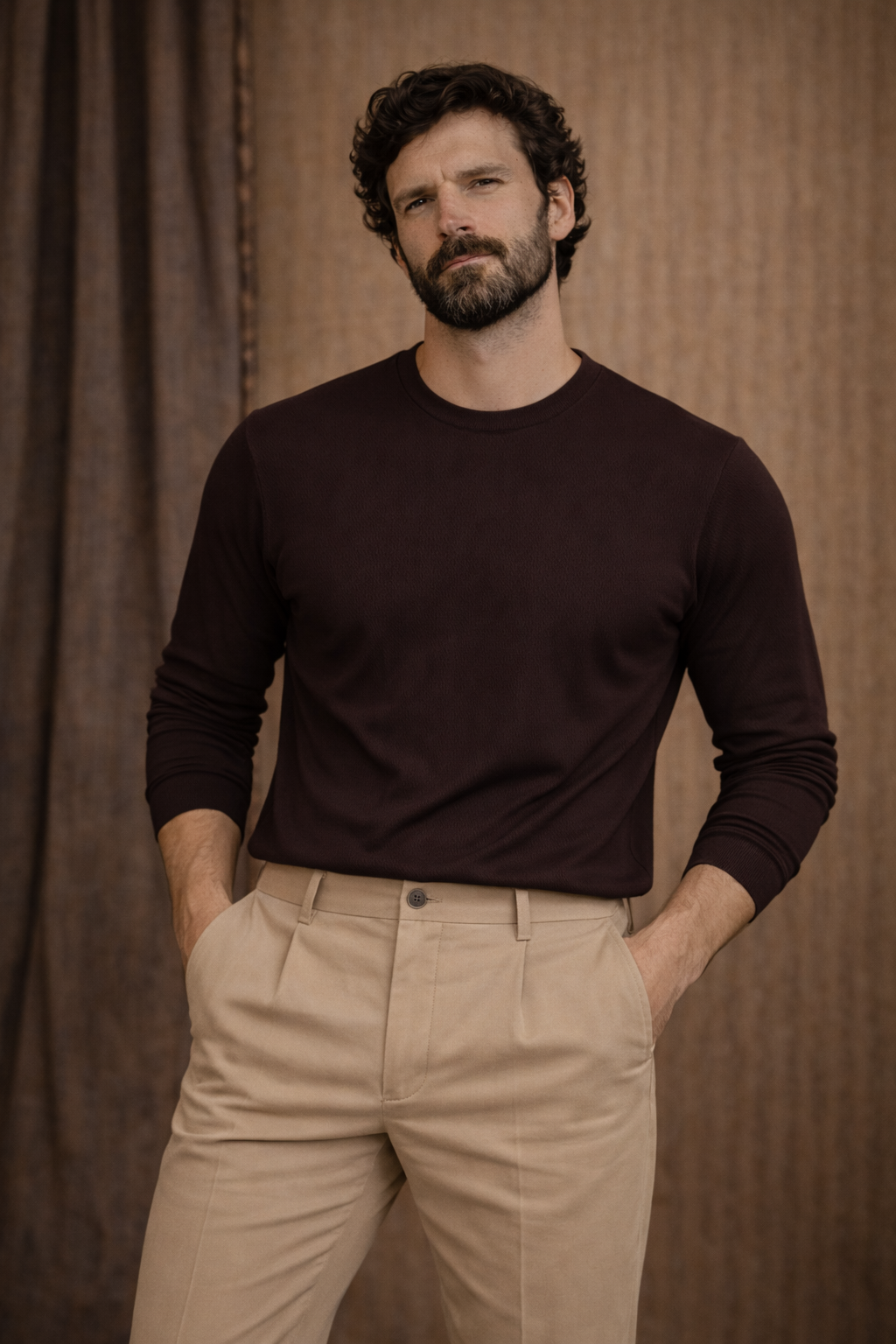 T-SHIRT-MANICA-LUNGA-MARRONE-UOMO-MADE-IN-ITALY-INDOSSATA