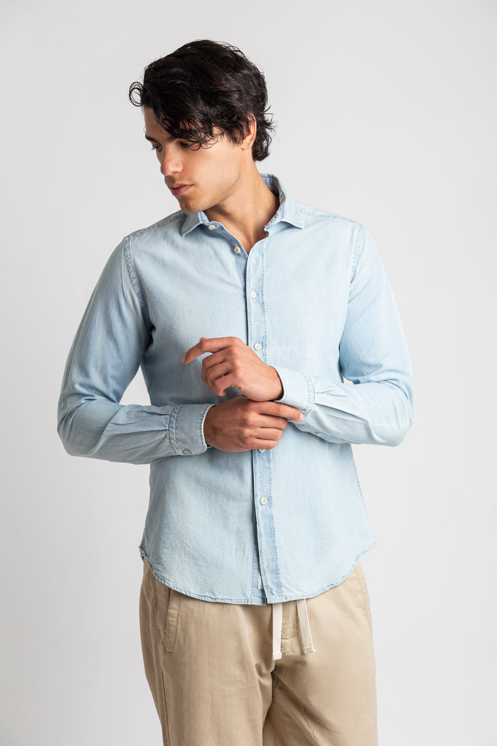 Camicia collo francese Tinta Unita tela azzurra jeans