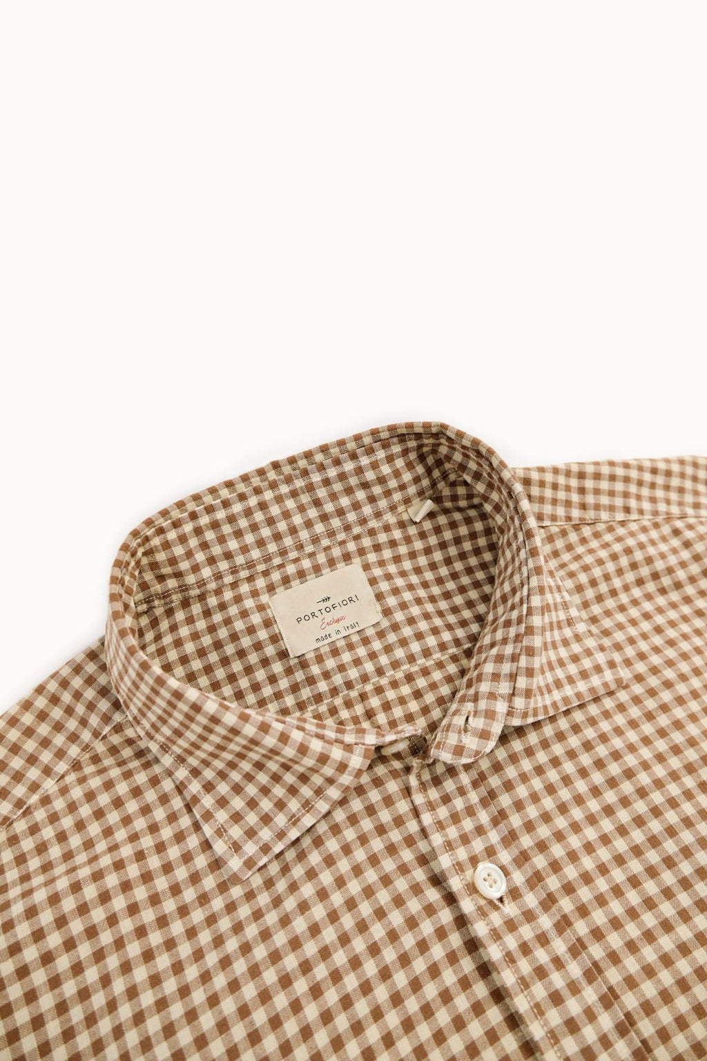 camicia estiva in lino a quadrettino vichy beige e marrone da uomo made in italy