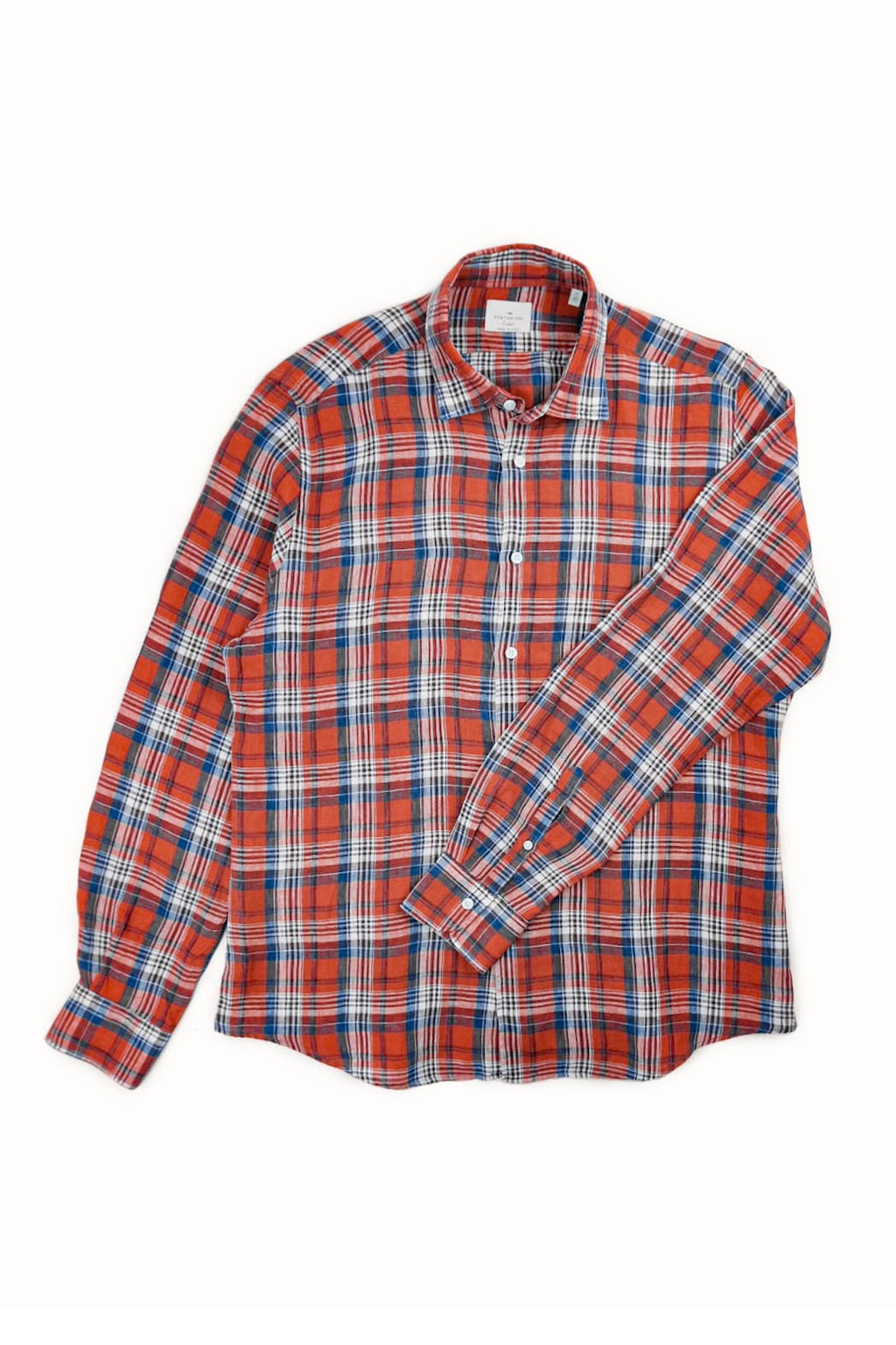camicia casual di lino in quadro rosso e blu da uomo made in italy