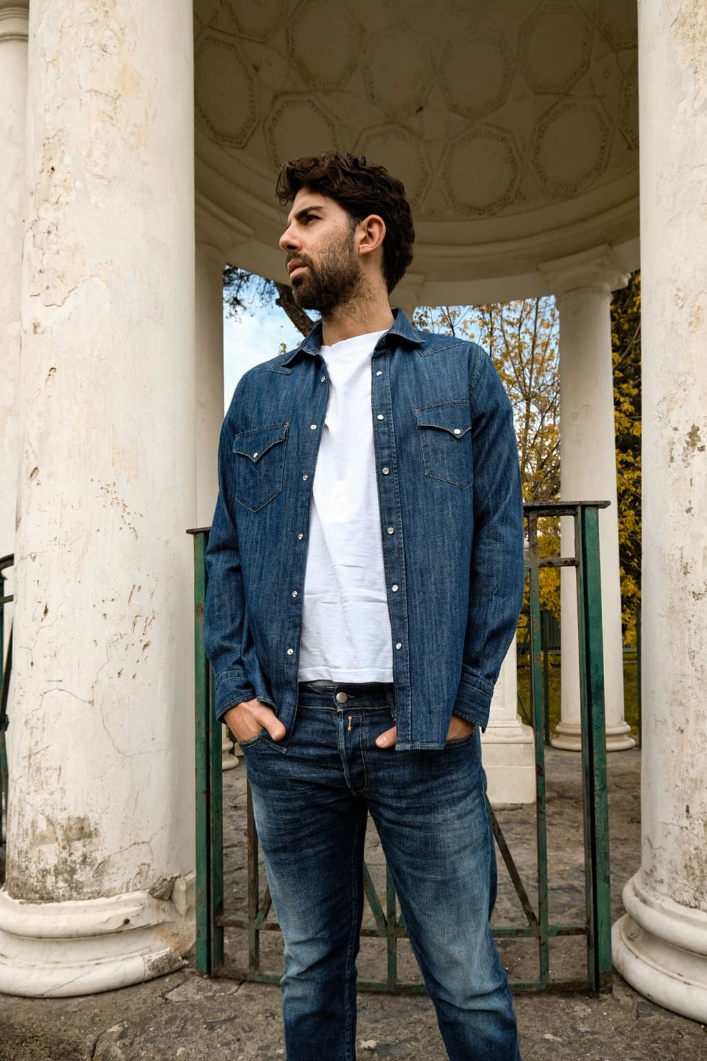 Camicia western uomo in denim grigio 100% cotone made in Italy Portofiori, stile texano moderno