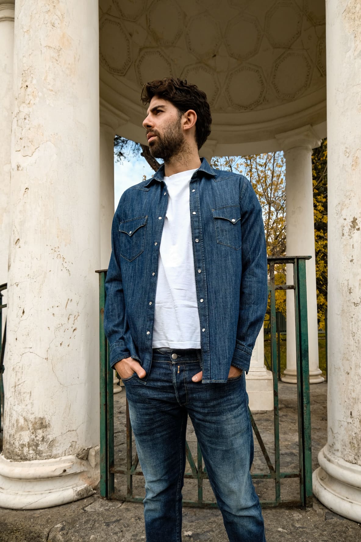 Camicia western uomo in denim grigio 100% cotone made in Italy Portofiori, stile texano moderno