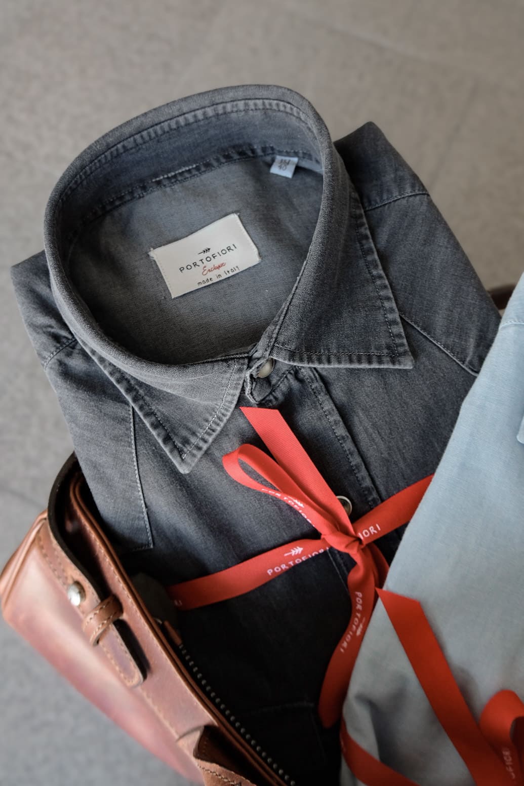 Camicia western uomo in denim grigio 100% cotone made in Italy Portofiori, stile texano moderno