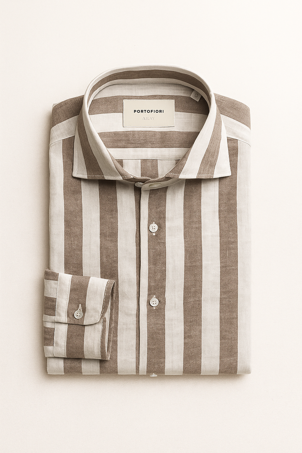 Camicia lino fantasia riga larga marrone uomo -100% lino