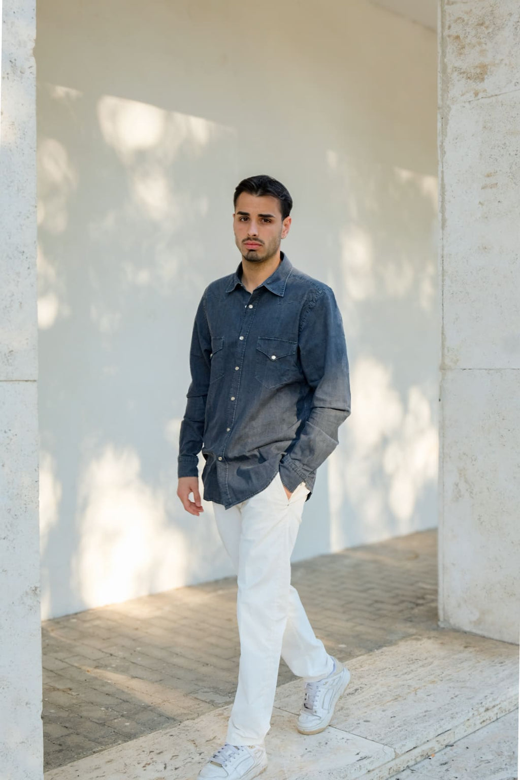 Camicia western uomo in denim grigio 100% cotone made in Italy Portofiori, stile texano moderno