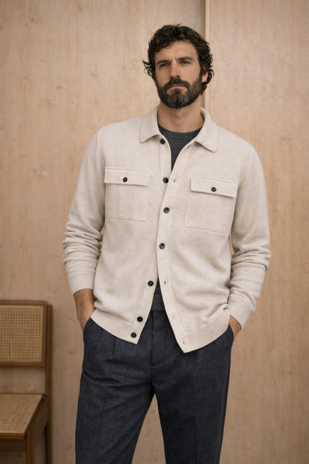 maglione camicia in lana da uomo made in italy