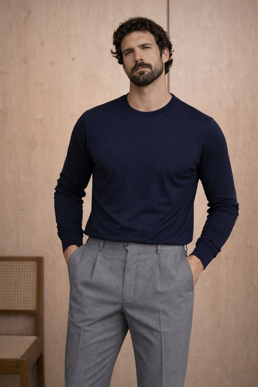 t-shirt-girocollo-blu-manica-lunga-cotone-egiziano-uomo-indossata