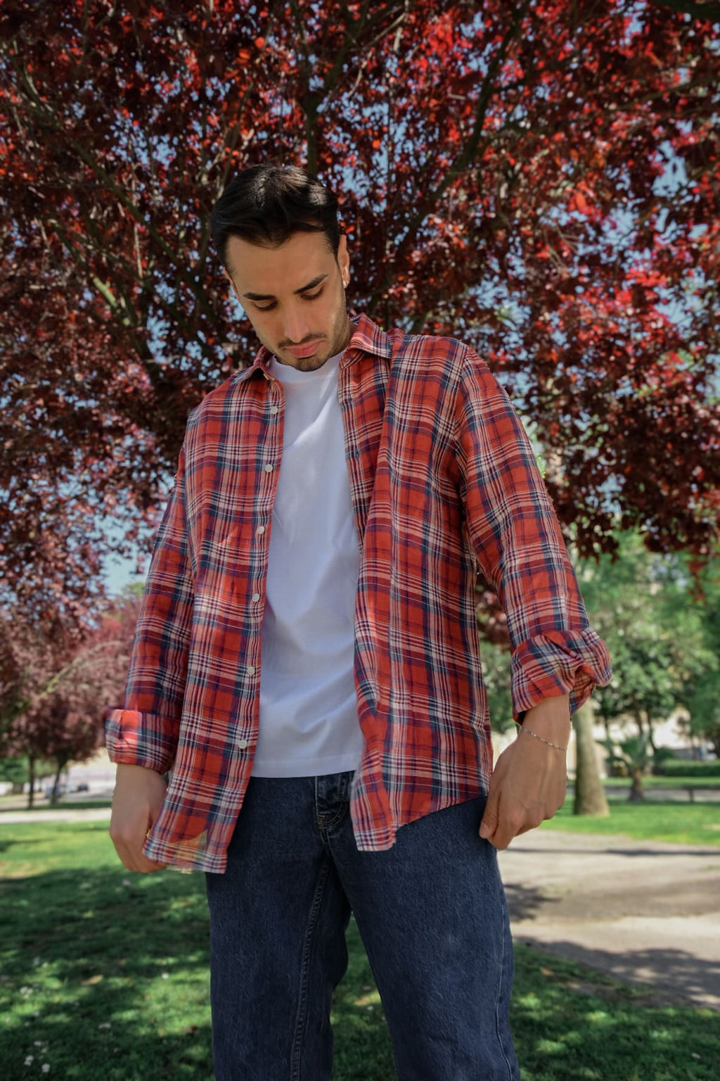 camicia estiva di lino in fantasia quadro da uomo made in italy